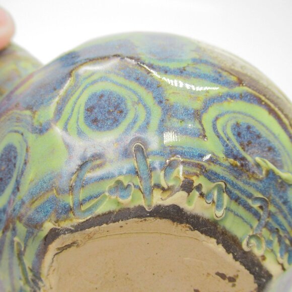 Handmade Ceramic Teapot Artisan Handle & Abstract Green Blue Swirl Glaze Signed - Picture 6 of 16